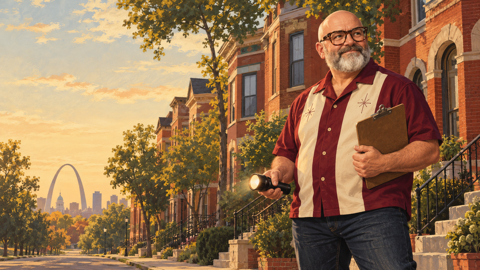 Illustration of Mike Hill with a flashlight and clipboard in front of South St. Louis brick homes
